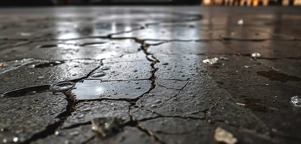 An industrial concrete floor with a worn, cracked surface, weathered by the elements.