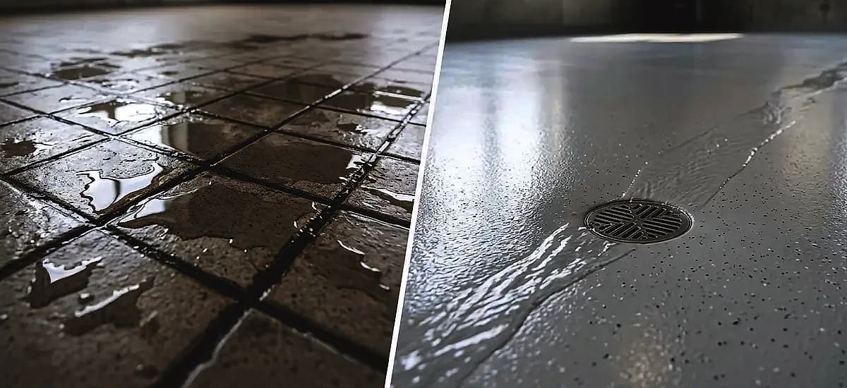 Comparison of water pooling on traditional tile versus properly sloped epoxy flooring
