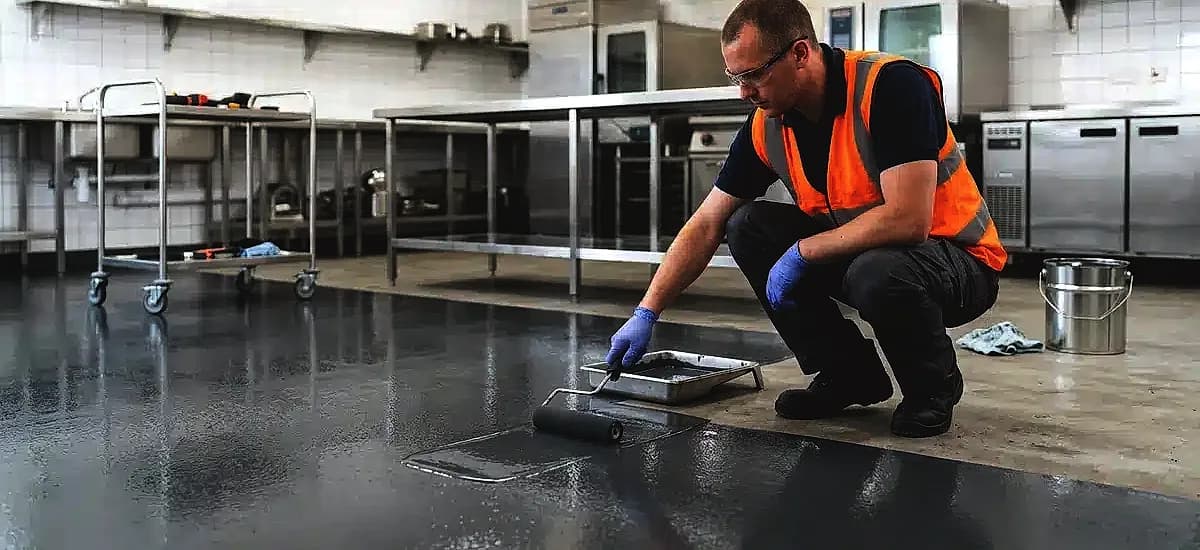 Professional contractor applying a chemical-resistant epoxy topcoat in a restaurant prep area