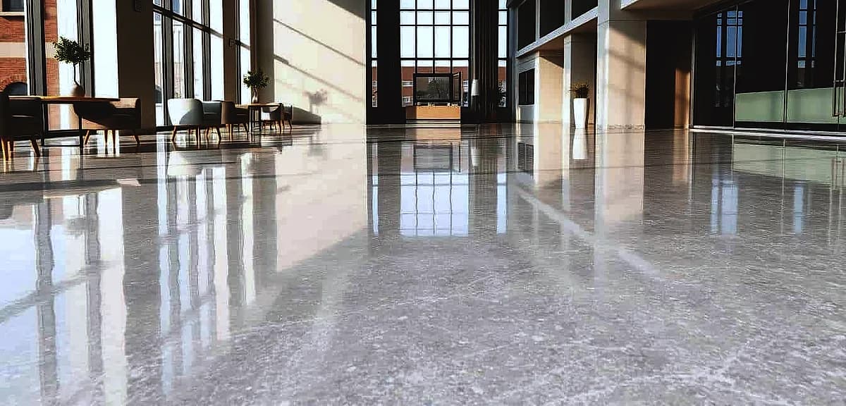 A sleek, modern commercial interior with a large, luminous metallic epoxy floor in the foreground.