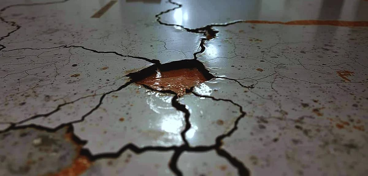 A close-up view of an epoxy floor with visible signs of delamination.