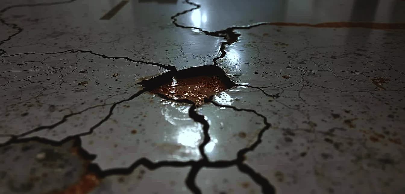 A close-up view of an epoxy floor with visible signs of delamination.