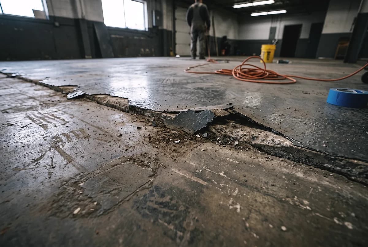 A floor coating lifting away from the concrete along a crack
