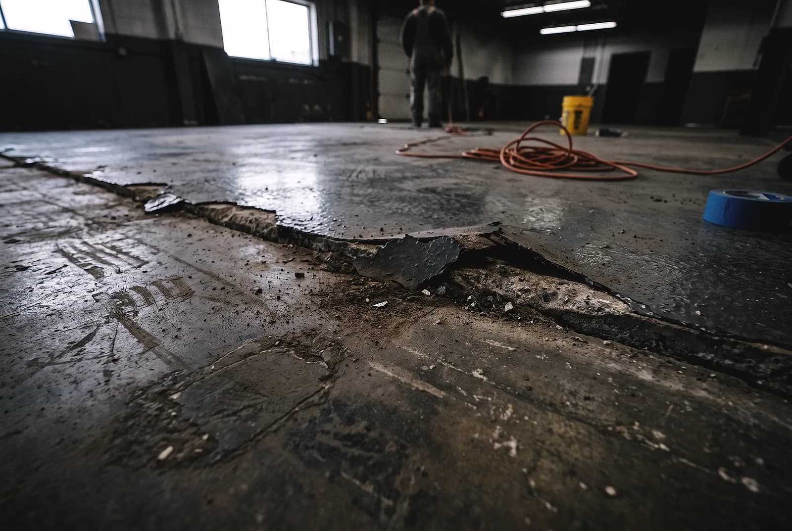 A floor coating lifting away from the concrete along a crack