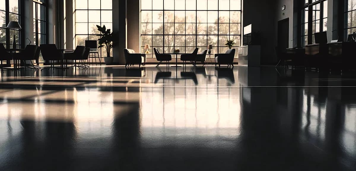 a high-quality, hyper-realistic 3D render of an epoxy floor in a commercial setting, showcasing its benefits.