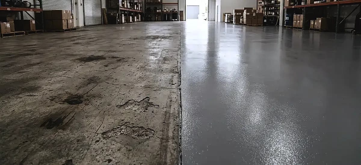 Comparison of damaged standard concrete versus a newly installed climate-adapted epoxy floor in a Miami warehouse