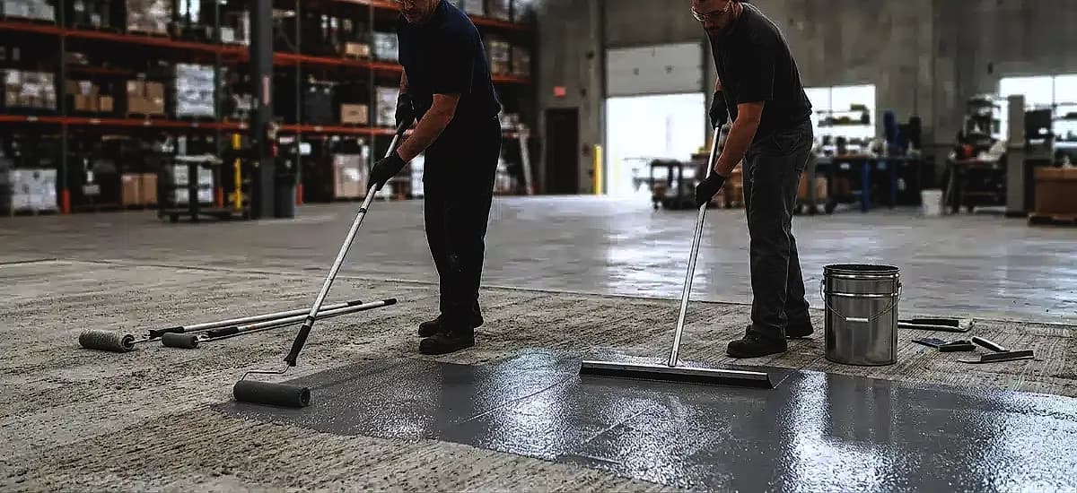 Professional installers applying a moisture-mitigating epoxy primer to a mechanically profiled warehouse floor