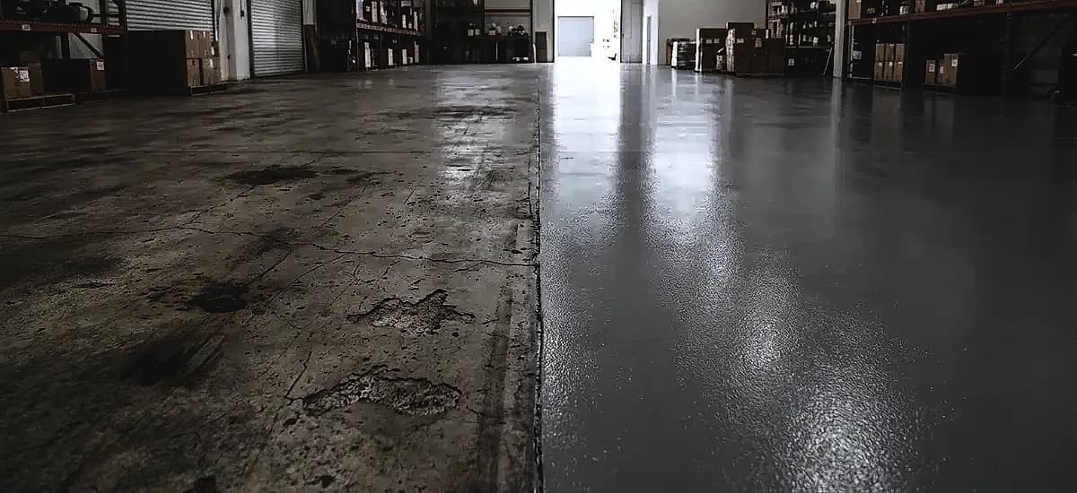 Comparison of damaged standard concrete versus a newly installed climate-adapted epoxy floor in a Miami warehouse
