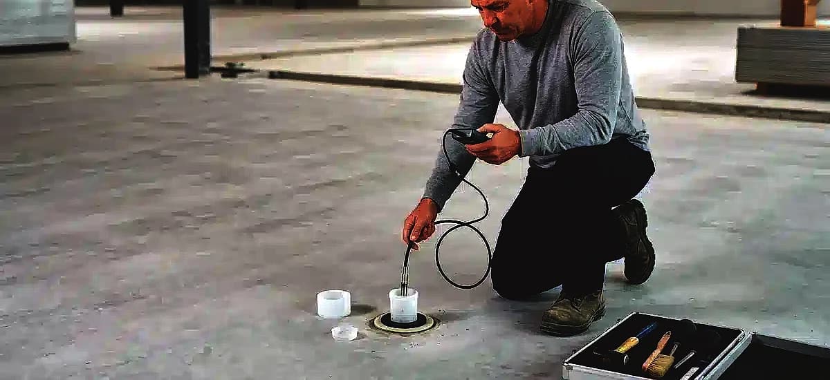 Professional contractor performing an in-situ relative humidity moisture test on a concrete slab