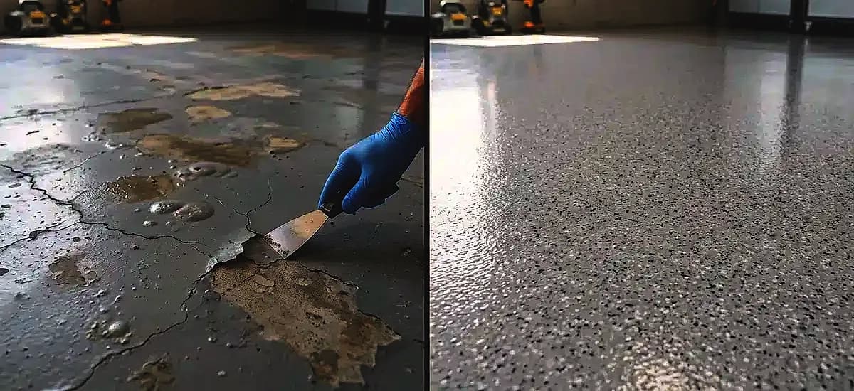 Side-by-side comparison of a failed epoxy floor without waterproofing versus a pristine polyaspartic coated floor