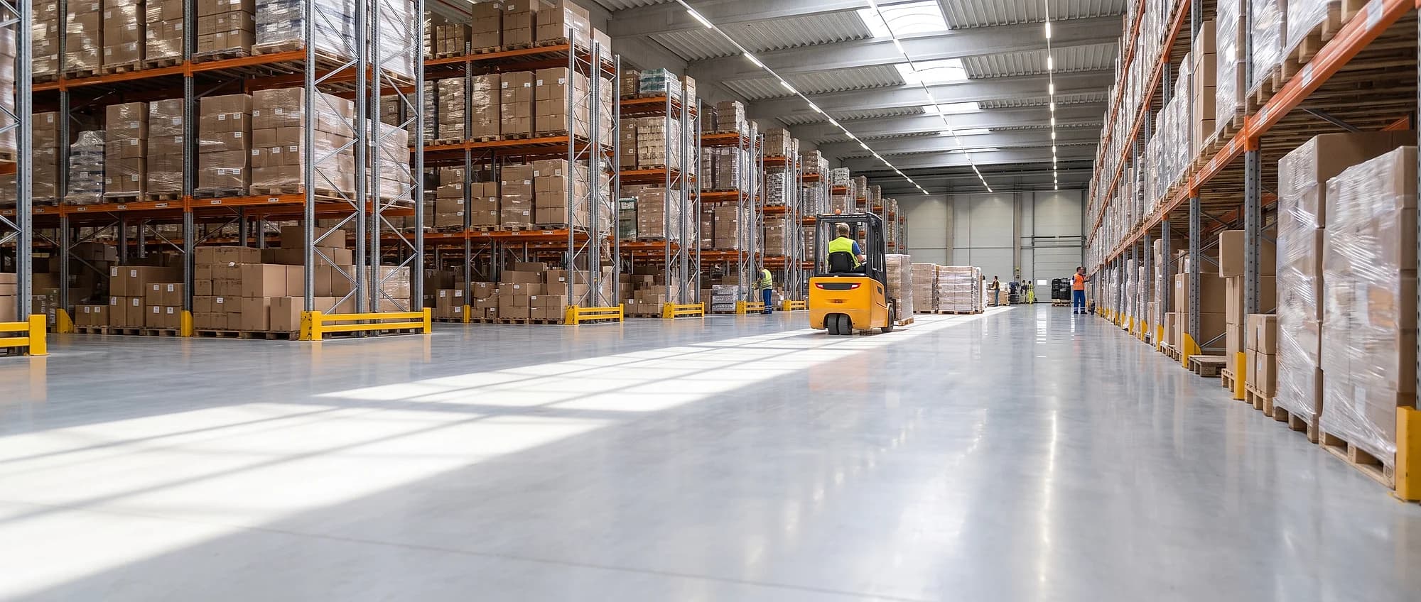 A polished concrete floor running down a racking aisle in a distribution warehouse