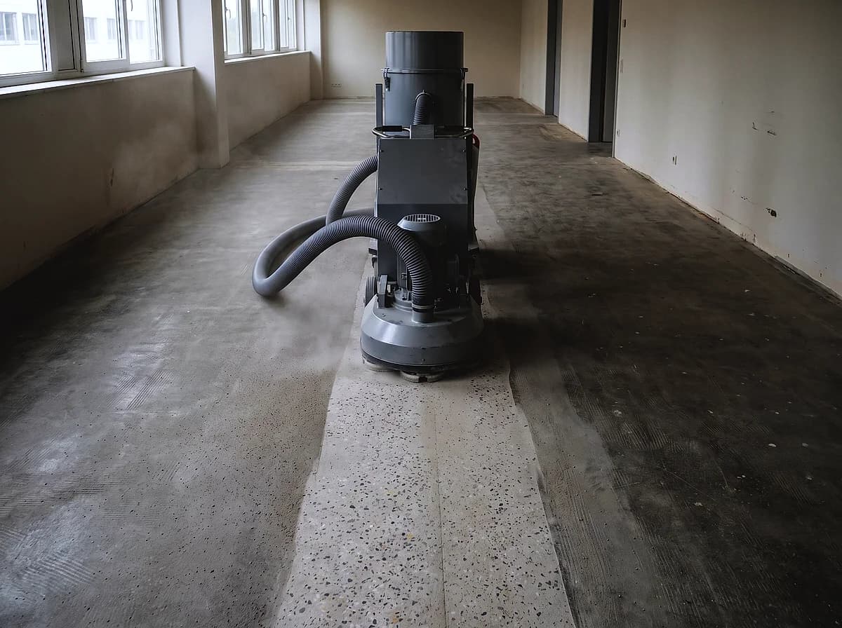 A walk-behind floor grinder with dust extraction standing on a concrete slab, a wide band ground open in front of it exposing the aggregate