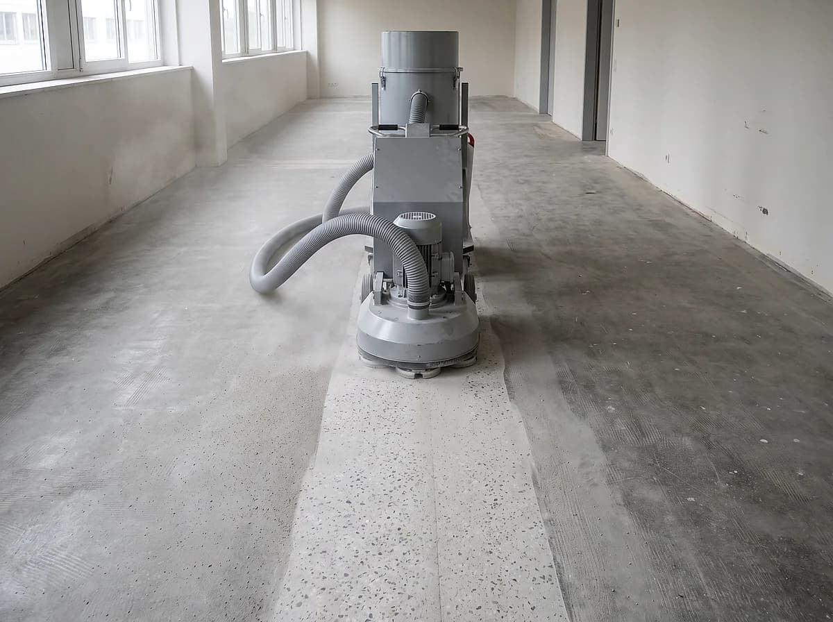 A walk-behind floor grinder with dust extraction standing on a concrete slab, a wide band ground open in front of it exposing the aggregate