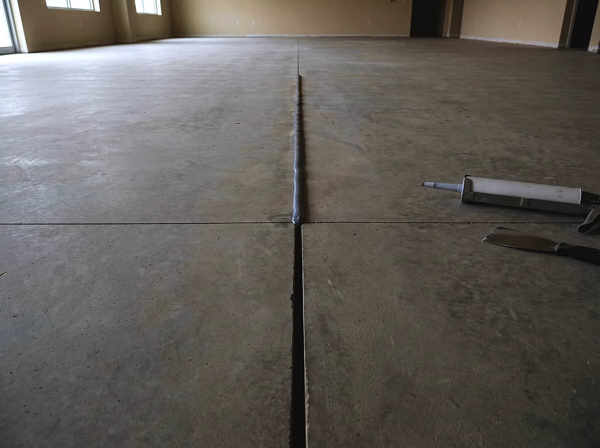 A saw-cut joint across a concrete slab, filled with a smooth bead along the far half and still open nearest the camera, a cartridge gun beside it