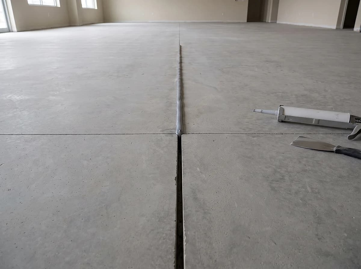 A saw-cut joint across a concrete slab, filled with a smooth bead along the far half and still open nearest the camera, a cartridge gun beside it