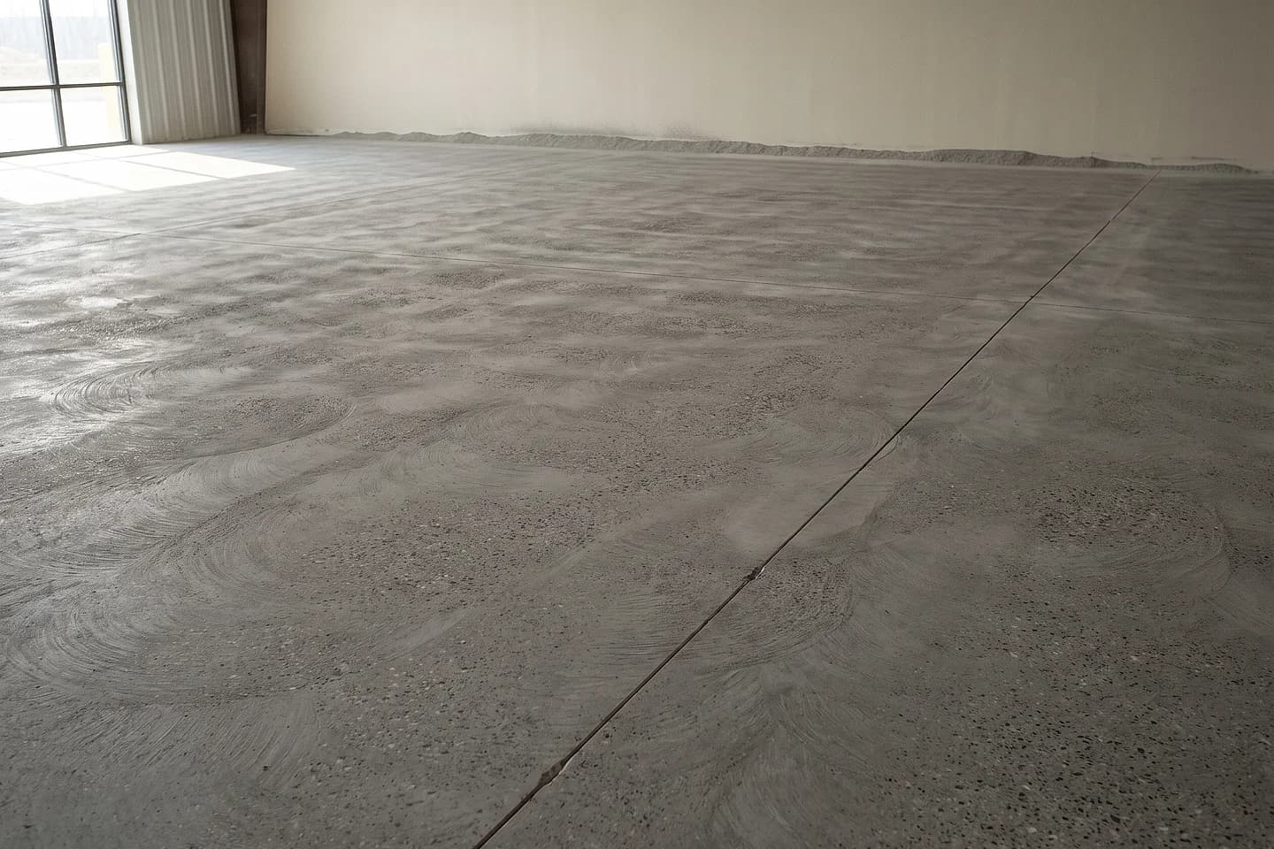 A bare concrete slab just after grinding, the grinder's overlapping arcs still visible across the open matte surface and a saw-cut joint running away to one side