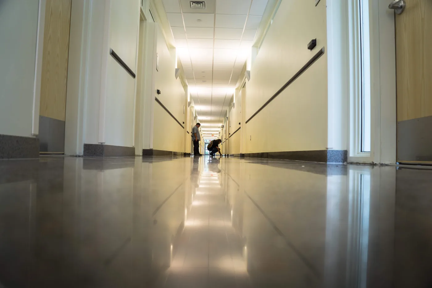 Polished terrazzo floor in a long corridor