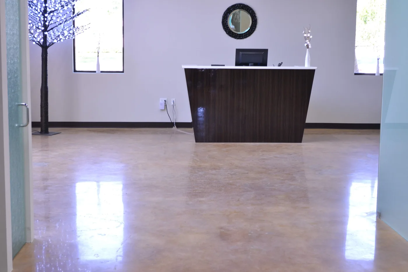Stained and polished concrete floor in an office reception