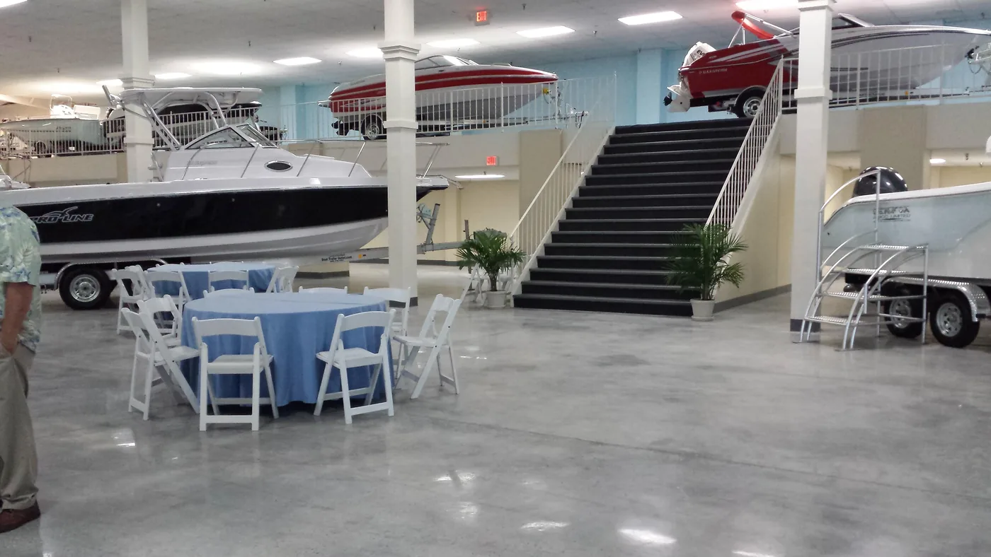 Polished concrete floor in a boat showroom