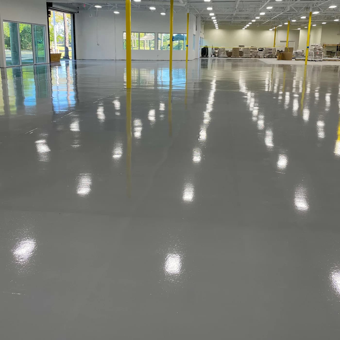 Gray high-gloss epoxy warehouse floor