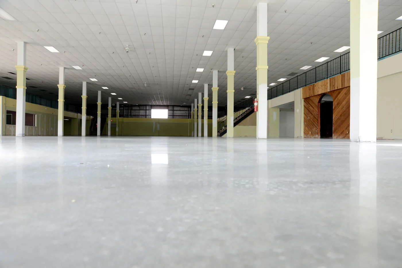 Polished concrete floor in a boat storage building