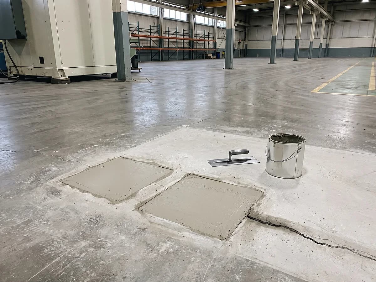 Two square patch repairs filled flush with fresh mortar in a swept factory slab, a trowel and an open pail set down beside them