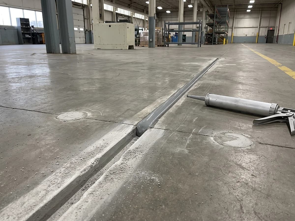 A saw-cut control joint running across a factory slab, filled with a flush bead along the far half and still open nearest the camera, a cartridge gun beside it