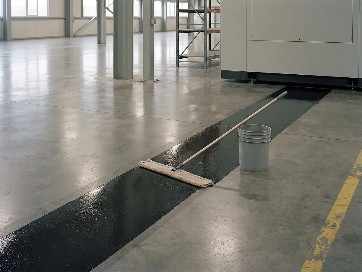 A guard coat going down over a polished plant floor, the freshly wetted band darker than the surface beside it, an applicator on a long pole across it