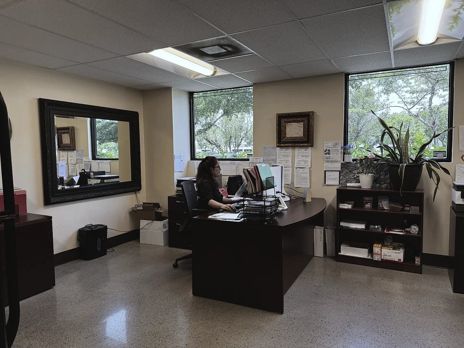 A polished concrete floor running through an office