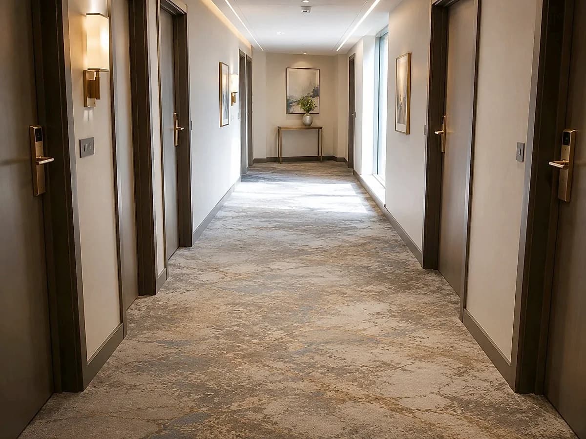 A patterned broadloom carpet laid the length of a hotel guestroom corridor between two runs of doors, the pile level and evenly cut from wall to wall.