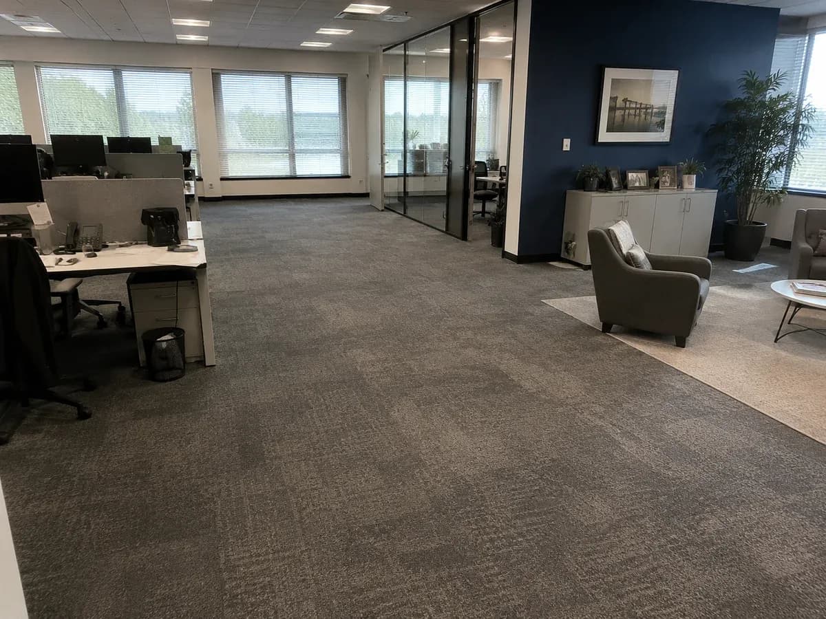 A commercial carpet tile floor in an office, flecked charcoal loop pile laid in square modules, running past a workstation and a glazed meeting room to a seating area.