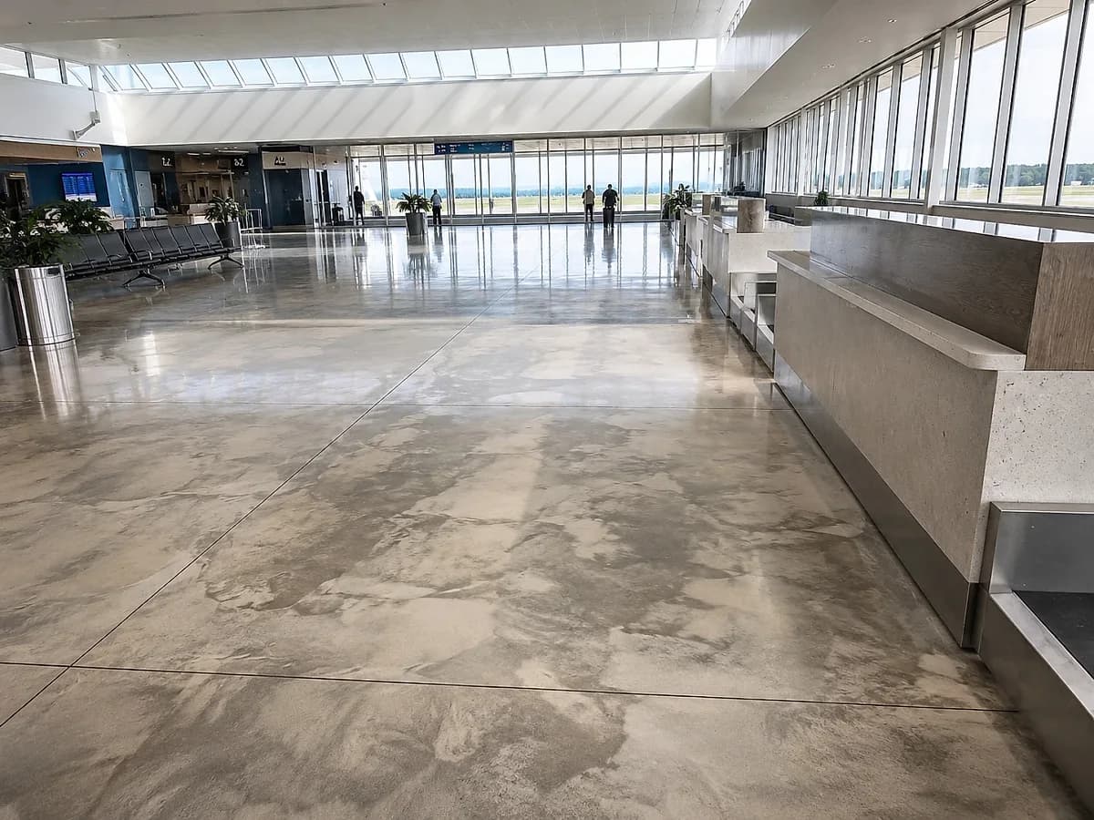 A stained concrete floor across an airport check-in hall, its colour clouding softly through pale grey tones and divided into large plain panels by fine saw cuts, running past a run of check-in desks.