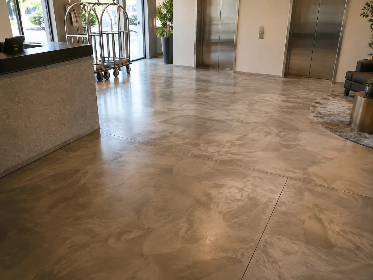 A stained concrete floor in a hotel lift lobby, its colour clouding unevenly through warm grey and bronze tones under a low satin sheen, running past the end of the reception desk to the lift doors.