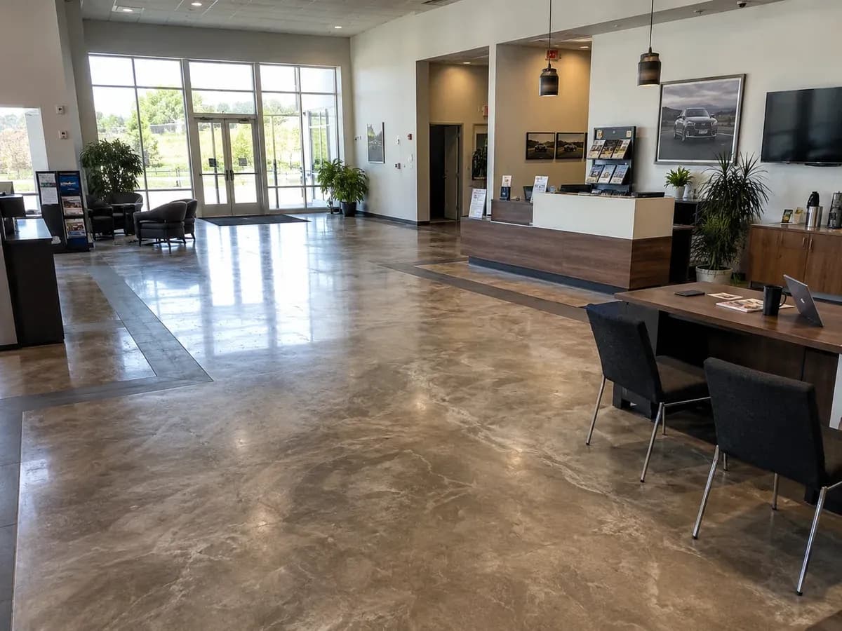 A stained concrete floor across a showroom, its colour clouding unevenly through warm grey and bronze tones under a satin sheen, running from the glazed entrance past a sales desk.