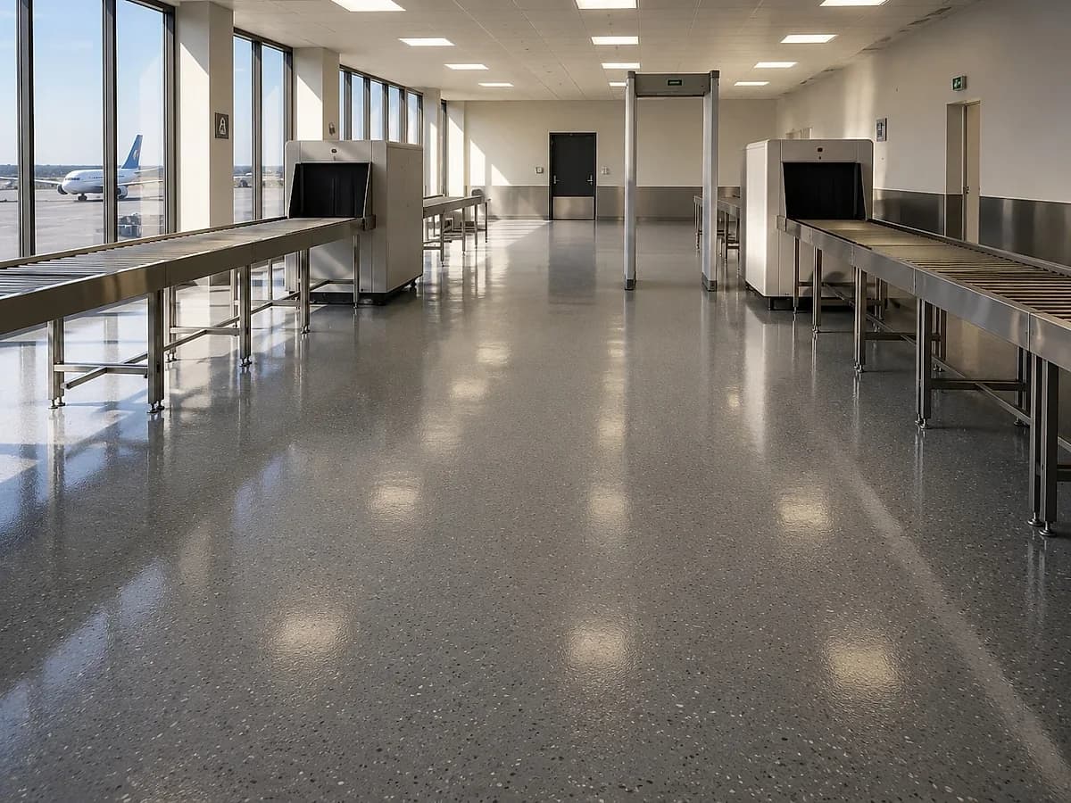 A seamless grey resin floor covering an airport security screening hall in one unbroken plane, running between the stainless roller tables and a scanner arch under a topcoat that holds the reflections of the ceiling lights.