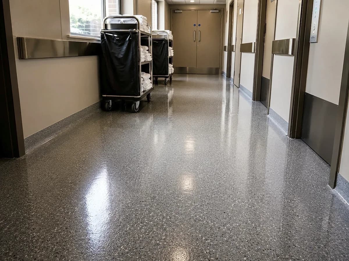 A seamless flake resin floor running the length of a hotel back-of-house service corridor past a parked housekeeping trolley, coved up at the wall with no joint at the base.