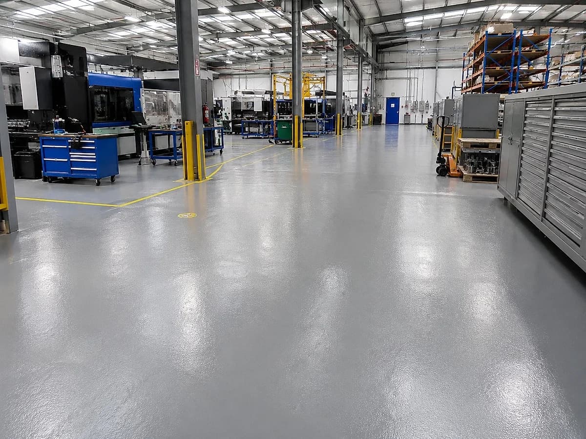 A seamless pale grey epoxy resin floor covering the floor of a manufacturing plant in one unbroken plane, running between the machine lines with painted walkway markings set into it.