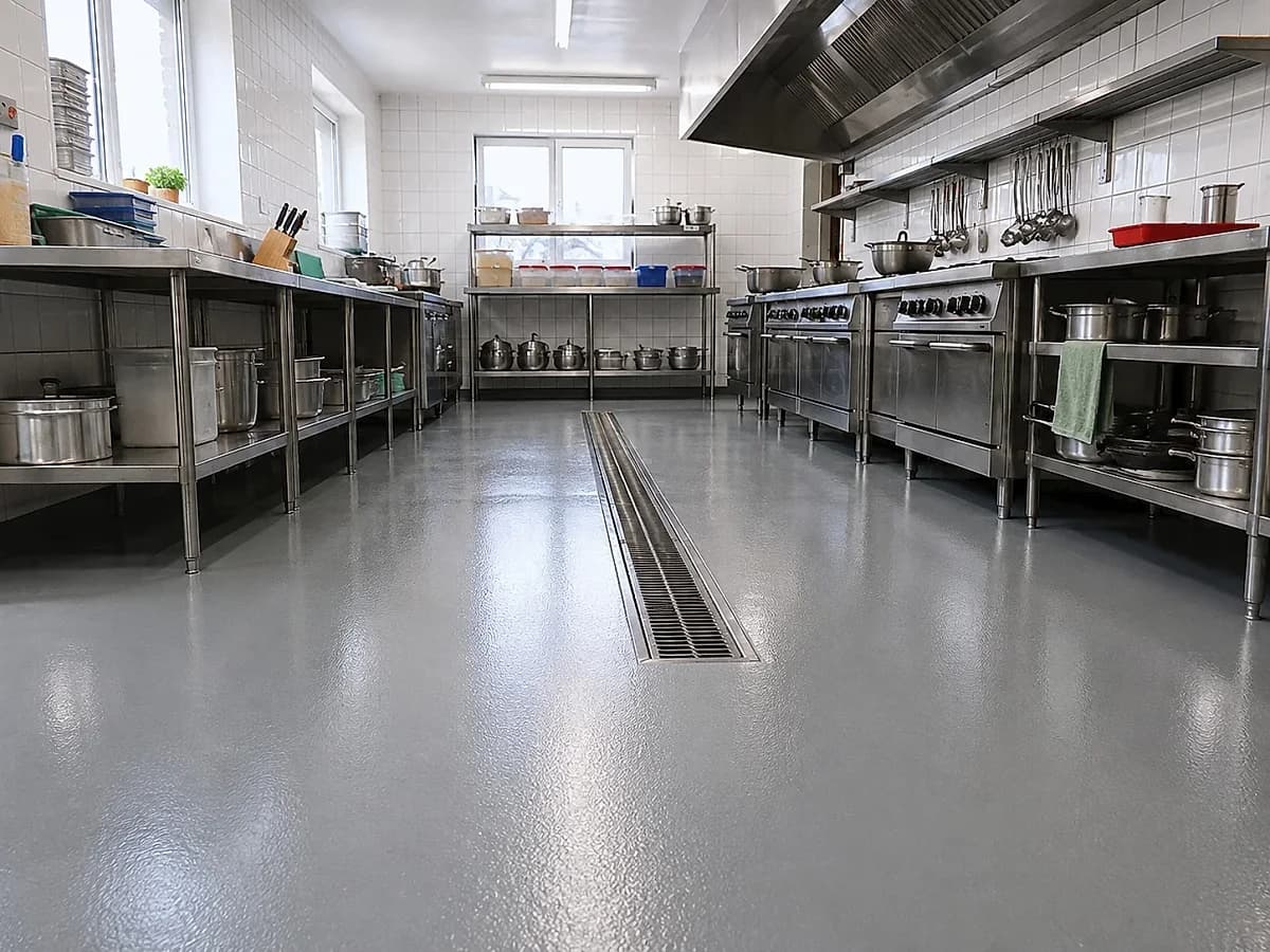 A seamless pale grey epoxy resin floor covering a restaurant kitchen in one unbroken plane, falling to a stainless drainage channel set flush into it between two runs of stainless steel benches.