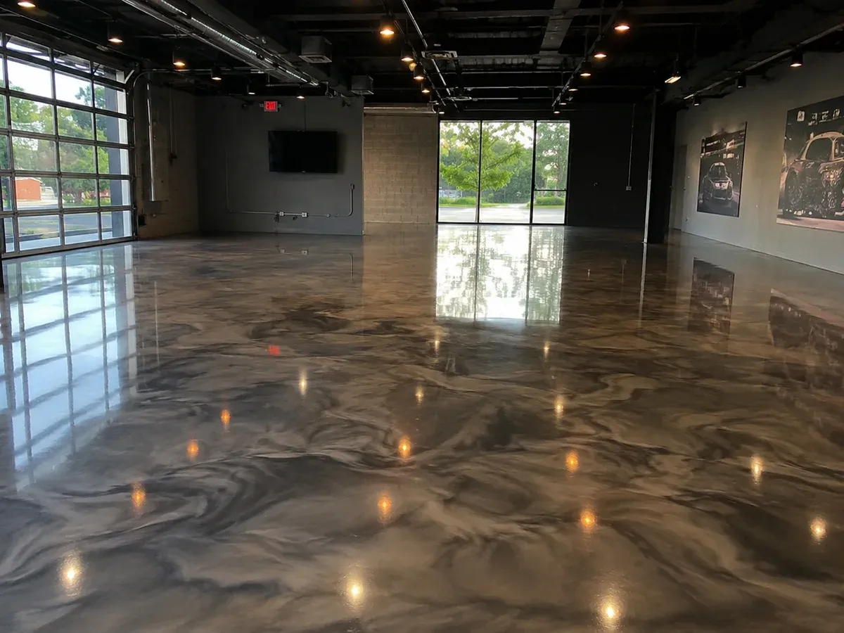 A seamless metallic epoxy resin floor across a showroom, its pigment swirled into soft marbled fields of graphite and pewter under a full-gloss topcoat that holds the reflections of the ceiling lights.