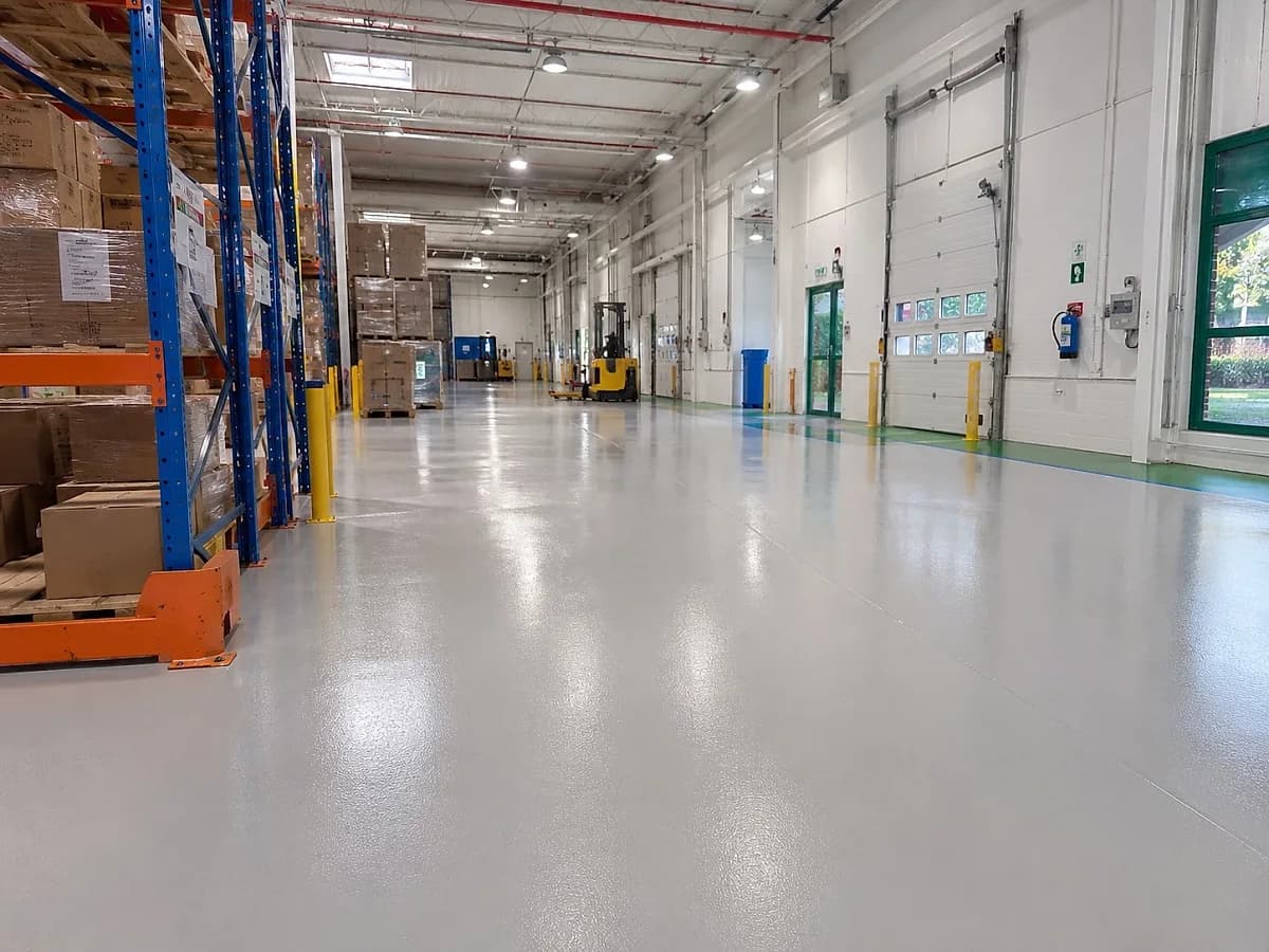 A seamless pale grey epoxy resin floor covering a warehouse aisle in one unbroken plane, running past loaded pallet racking and a run of roller shutter doors under a satin topcoat that catches the daylight.