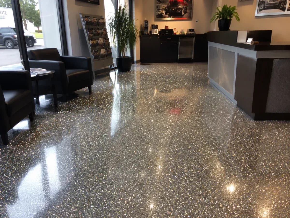 A glitter floor in a showroom: a dense broadcast of fine metallic flake in a pale resin under a full-gloss topcoat, running past a seating group to a display counter.