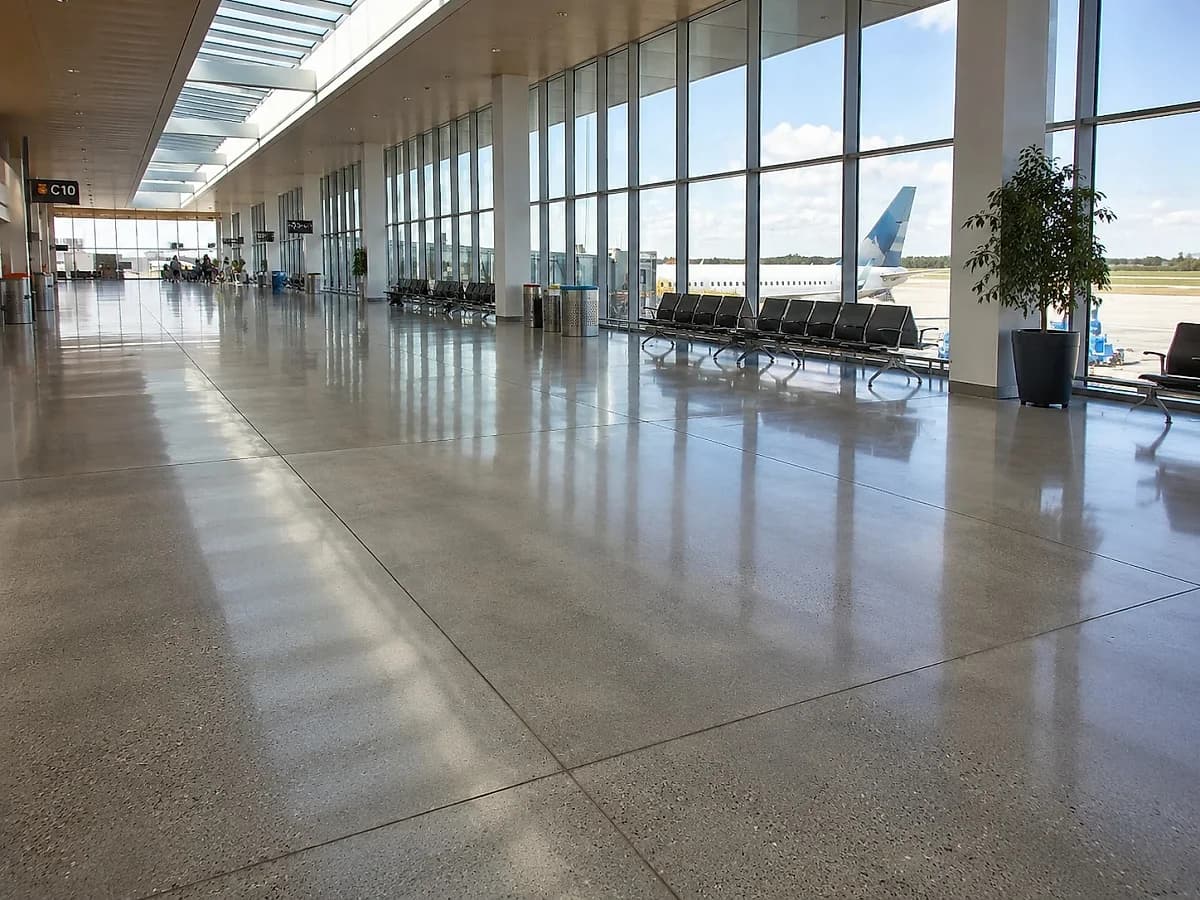 A polished concrete floor running the length of an airport terminal concourse beside a full-height glazed facade, ground to a satin sheen that holds a long low reflection of the daylight, past a row of seating.