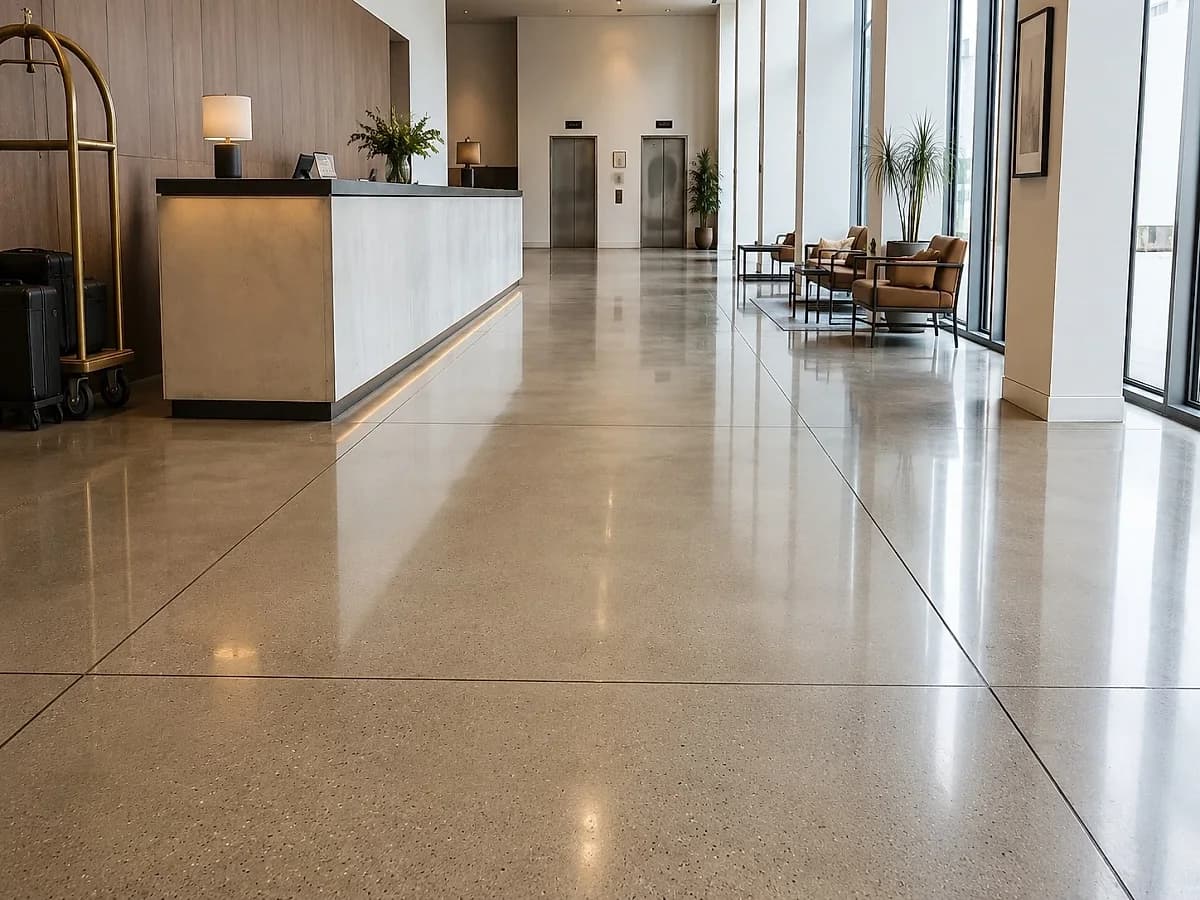 A polished concrete floor running the length of a hotel lobby past the reception desk and a seating area, finished to a satin sheen that holds a long low reflection of the glazed facade.