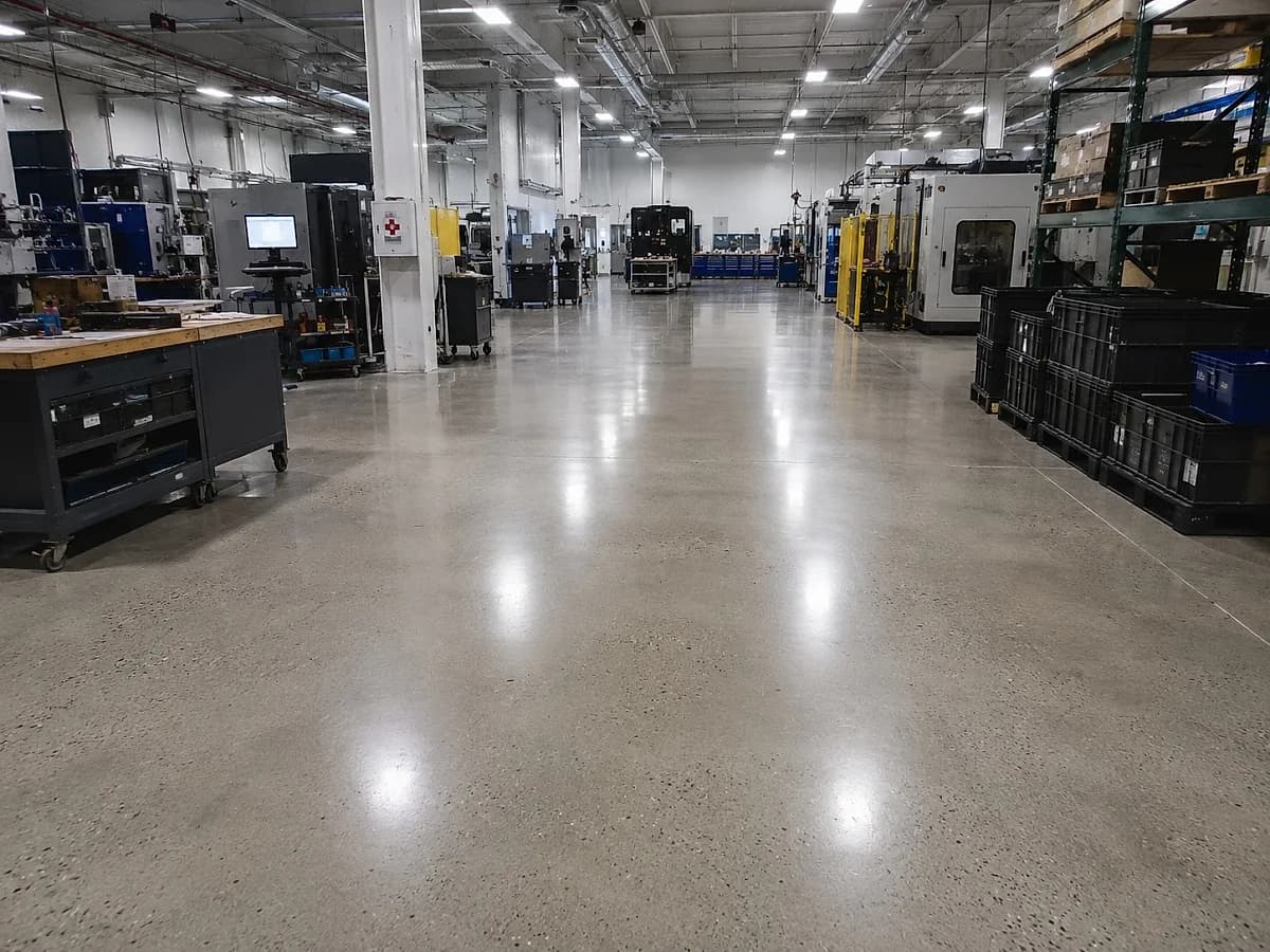 A polished concrete floor running the length of a manufacturing plant past a line of machines and workbenches, ground to a satin sheen that holds a long low reflection of the roof lights.