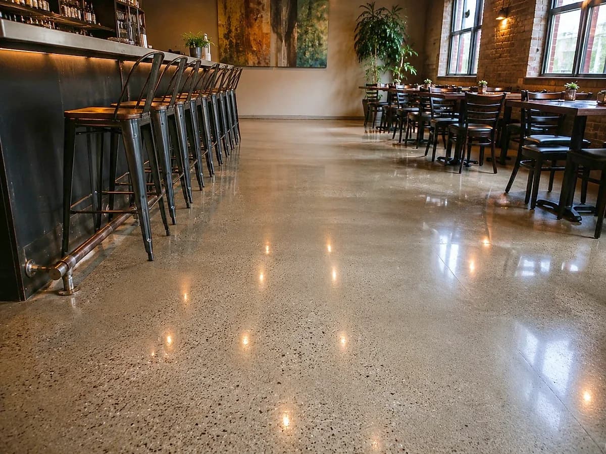 A polished concrete floor across a restaurant dining room, ground open to an even speckle and finished to a satin sheen, running past the foot rail of a bar to the tables beyond.