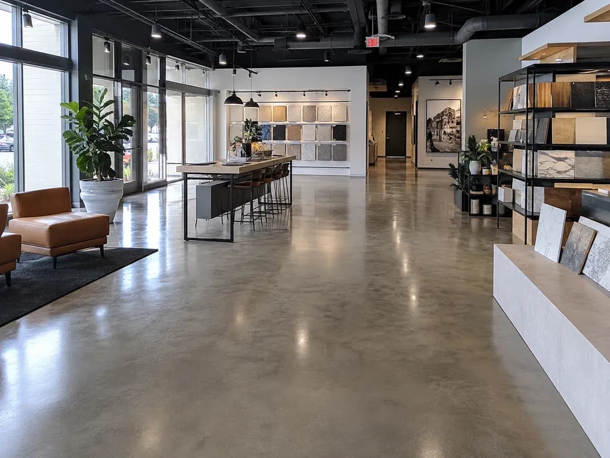 A polished concrete floor across a showroom, ground to a satin sheen that holds long low reflections of the glazed shopfront, running past a run of sample display racks.