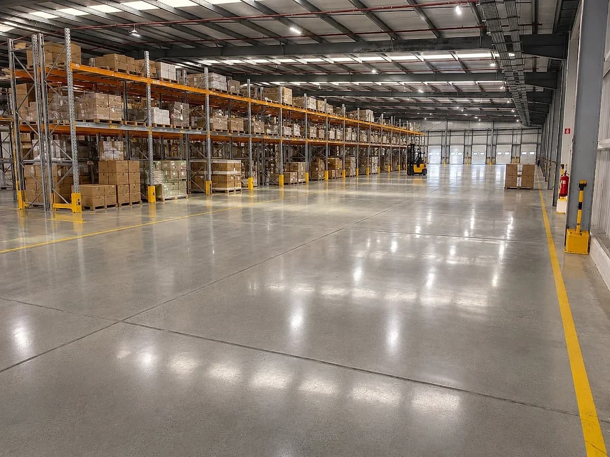 A polished concrete floor running the length of a warehouse aisle between tall loaded pallet racking, ground to a satin sheen that holds long low reflections of the roof lights, with a painted lane line along one edge.