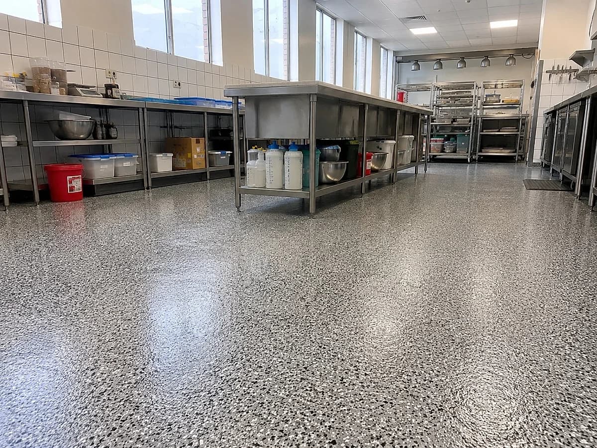 A quartz and flake broadcast resin floor covering a commercial kitchen, densely chipped in oyster, pewter and graphite under a clear topcoat, running the length of a row of stainless steel prep benches.