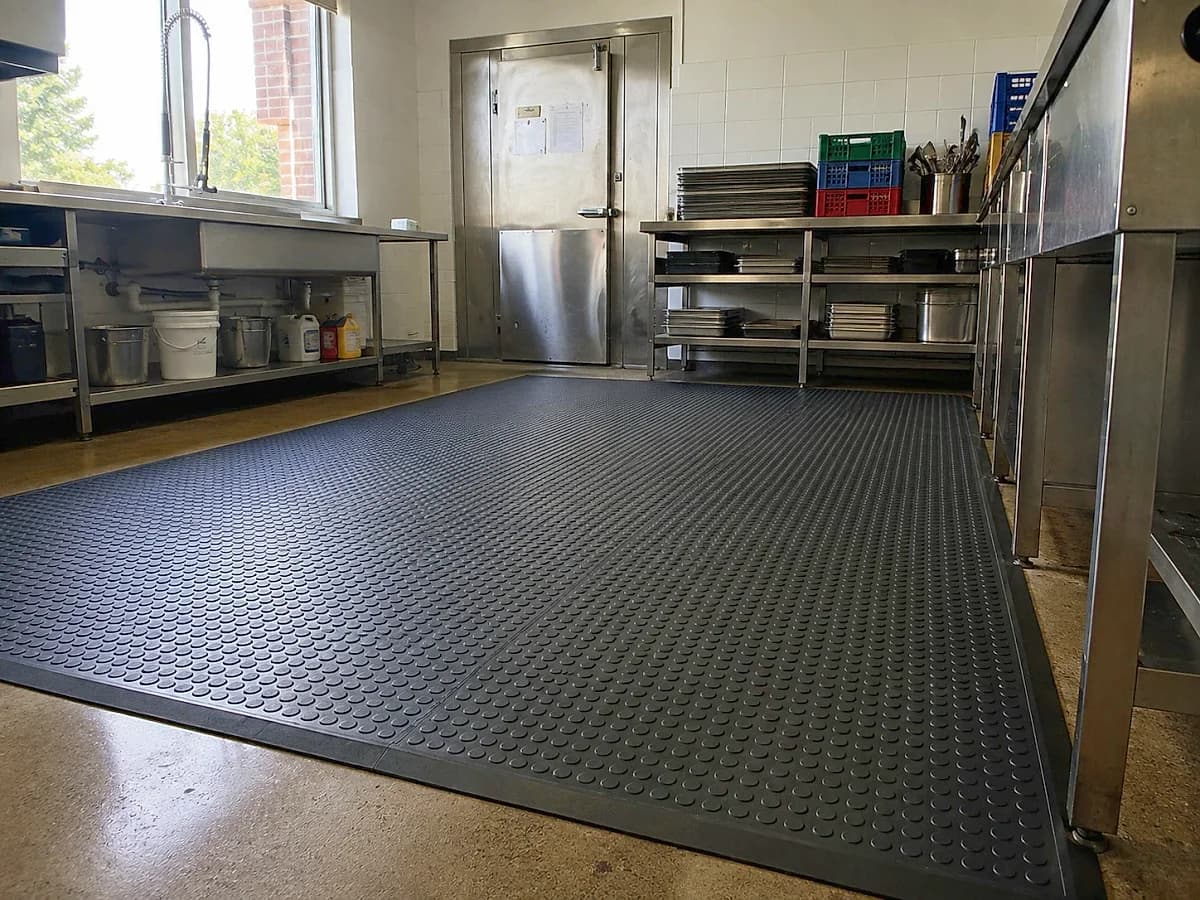 Interlocking studded rubber matting laid across the working floor of a commercial kitchen in front of a stainless steel prep bench, with a bevelled ramp edge where it meets the floor.