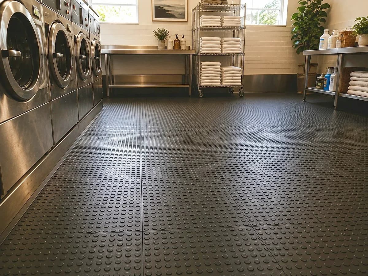 Interlocking studded rubber matting laid across the working floor of a hotel laundry in front of a row of industrial washing machines, with a bevelled ramp edge along its open side.